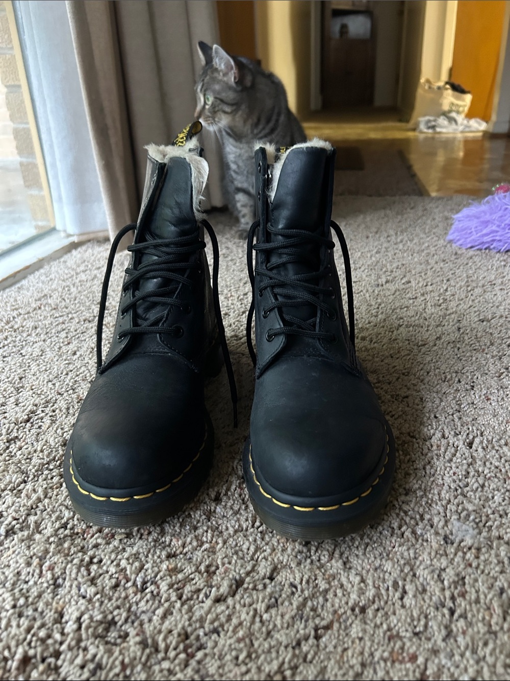 Dr. Martens Black Leather Lace-Up Combat Boots with Yellow Stitching